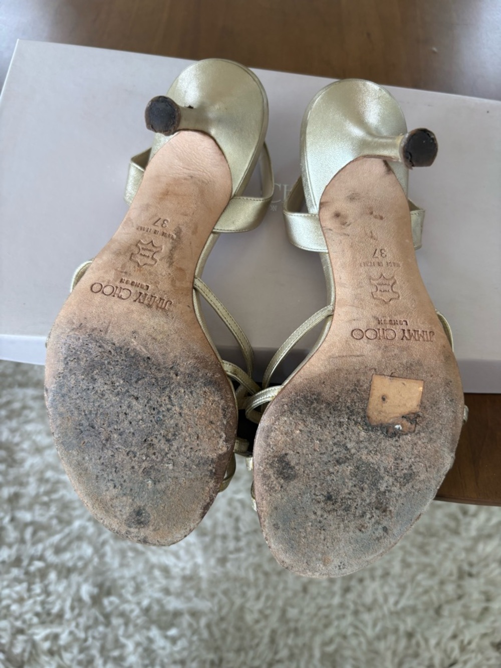 Jimmy Choo Metallic Gold Strappy Slingback Heels - Picture 3 of 5